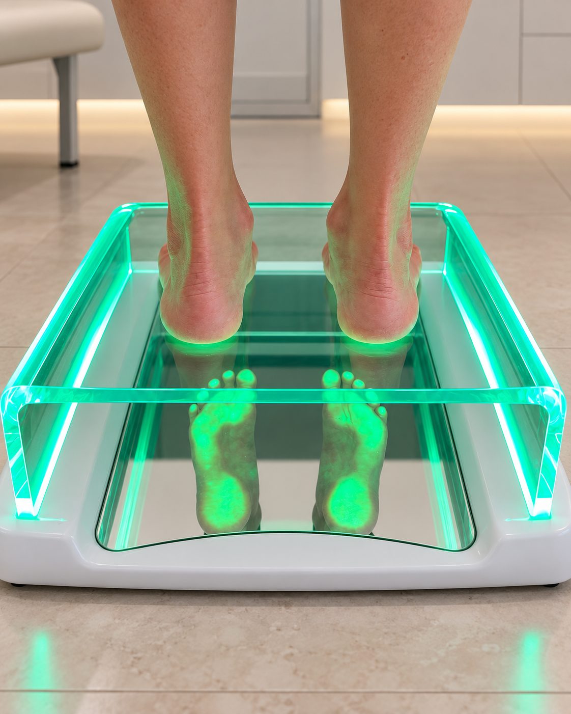 Prise d'empreinte numérique : pieds nus posés sur un plateau de scan lumineux